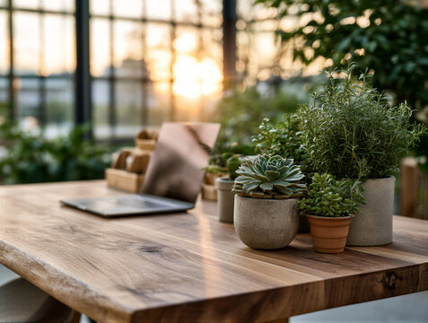 Top view biophilic desk with walnut grain, lush plants, laptop under warm sunlight. Soft bokeh creates a serene mood. Minimalist flat lay with right copy space for corporate blogs or workspace...
