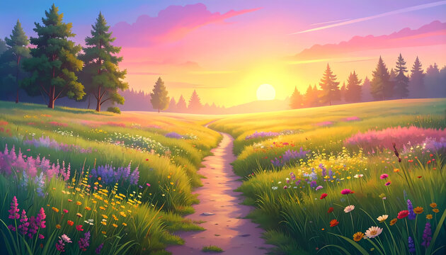 Flowery meadow path wide angle leading to horizon digital illustration golden sunset light with pine forest and purple sky background