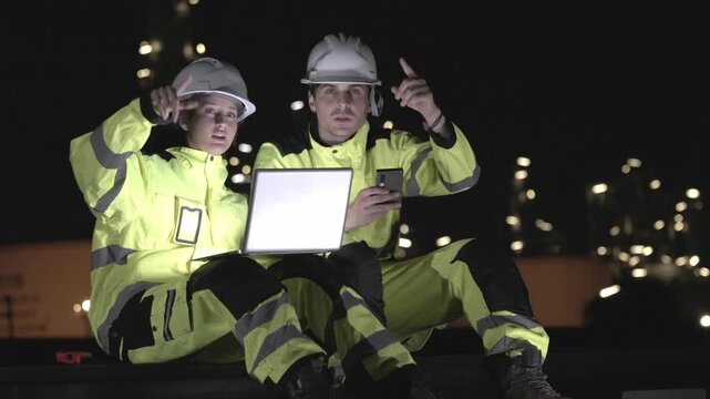 Oil and gas industry workers team using laptop for conducting site survey at petrochemical plant, Engineers reviewing plans at oil refinery, Technicians inspecting oil refinery plant