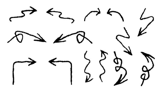 Scribble style hand drawn arrows animation with rough marker strokes, wiggly sketch arrows moving in loop, highlighter Arrows, chalk doodle Arrows animation in 4k.
