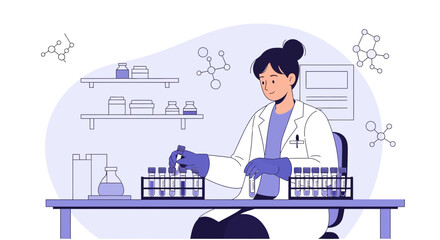 Fototapeta premium Scientist working in laboratory with test tubes and molecular models, science research concept
