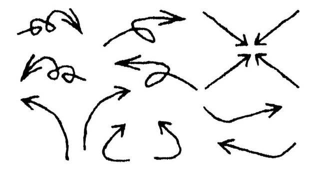 Scribble style hand drawn arrows animation with rough marker strokes, wiggly sketch arrows moving in loop, highlighter Arrows, chalk doodle Arrows animation in 4k.
