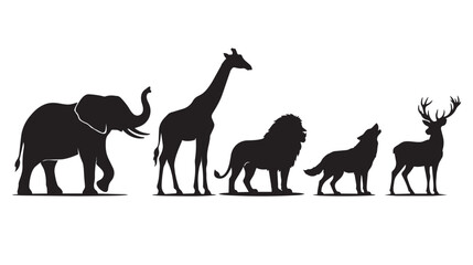 Wild animal silhouettes set, black elephant giraffe lion wolf and deer vector icons, safari and forest wildlife collection for logos and design © Shahzaib