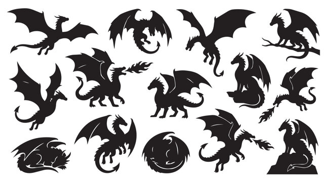 Mythical dragon silhouettes set, 14 fantasy creature vector icons, black flying dragon shapes for gaming and heraldry, medieval monster graphic elements