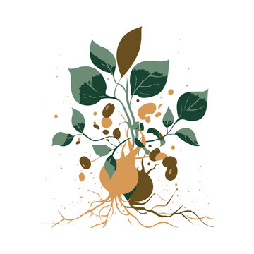 Flat illustration of a plant with roots and soil nodules