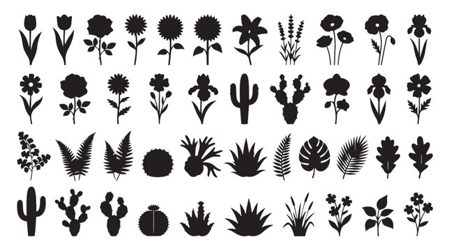 Floral silhouette vector collection, 44 botanical plant icons, black flower and leaf shapes, minimalist garden elements for logo design and wedding decor