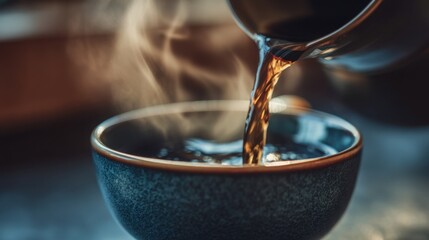 Fototapeta premium Close up of freshly brewed coffee slowly pouring into an elegant ceramic cup, visible steam rising naturally, cozy atmosphere, hyper realistic food
