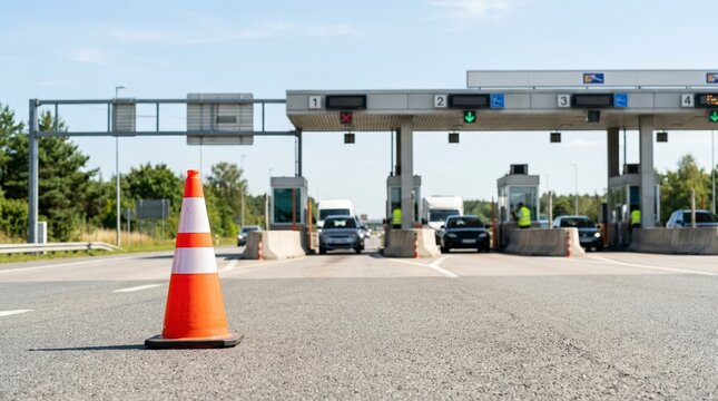 Orange traffic cone on asphalt road with toll booth in background. Highway toll plaza with cars queueing on a sunny day