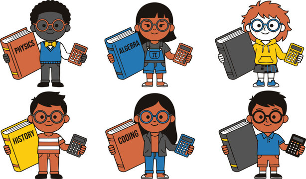 Studious children holding books and calculators, subjects math, physics, algebra, history, coding