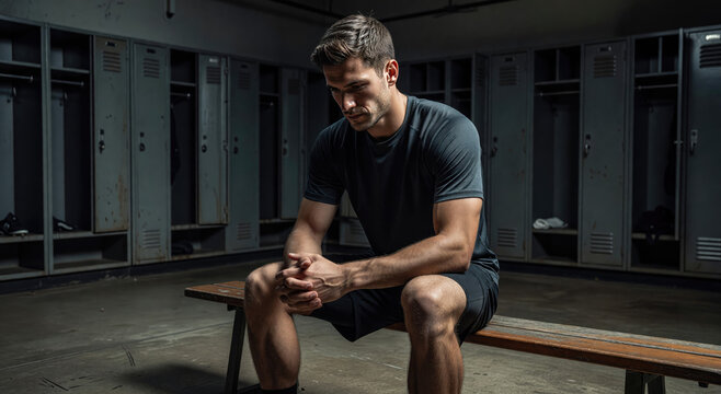 Sad man sitting on bench in locker room. Athlete thinking about defeat after sports game. Depressed sportsman feeling disappointment and stress. Mental health and fatigue concept.