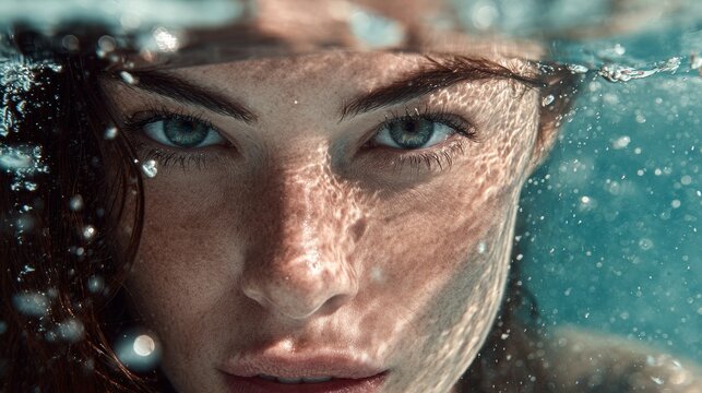 Underwater portrait fashion model woman with intense eyes, clear waterline and bubbles, extreme close up female face partially submerged in water, cinematic lighting, dramatic editorial beauty concept