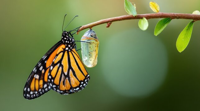 Close up of monarch butterfly slowly emerging from chrysalis attached to a green branch, soft natural background, transformation concept, hyper