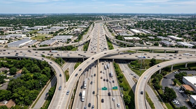 Aerial view of a complex multilevel highway interchange. Drone shot of sprawling freeway overpasses and traffic network