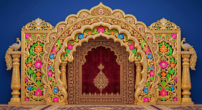 Luxurious Traditional Indian Wedding Stage Entrance with Ornate Golden Floral Arch, Peacock Motifs and Royal Red Velvet Door