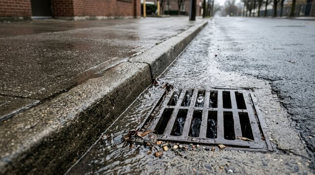 Rainwater flowing into a metal sewer grate on a wet city street. Storm drain runoff along a concrete curb and asphalt road. Urban drainage infrastructure