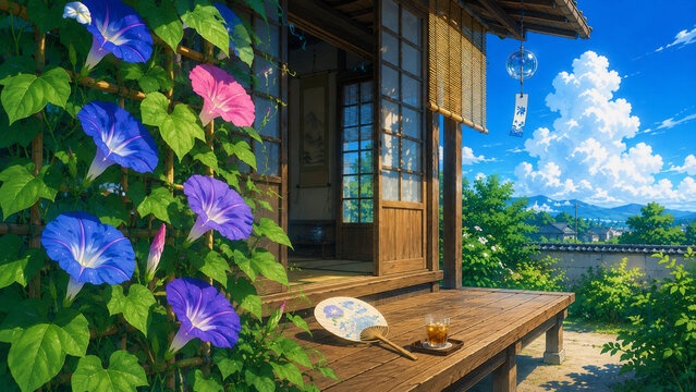 Anime Style Traditional Japanese Engawa with Morning Glory, Glass Wind Chime and Bright Summer Sky