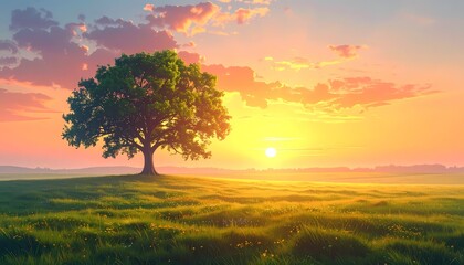 Fototapeta premium Lone oak tree on a grassy hill, wide landscape shot at sunset, realistic digital painting with warm golden hour lighting and colorful clouds in a rural field.