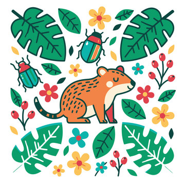 Cartoon mongoose with tropical plants and insects vector illustration