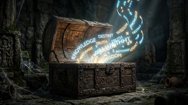 The Chest of Wisdom and Discovery: An ancient, ornate chest lies open in a dimly lit cave, its contents spilling forth as glowing ethereal words like knowledge, truth, and destiny.