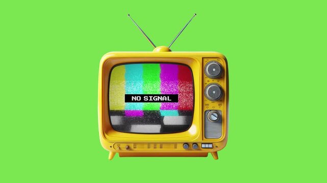 Vintage yellow retro television with no signal test pattern on green background