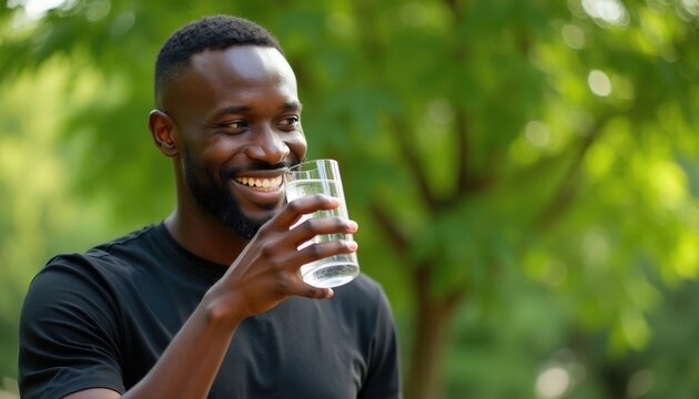 Young African man smiles drinking water from glass outdoors. He wears black t-shirt and stands against green nature trees. Healthy hydration and refreshment lifestyle concept.