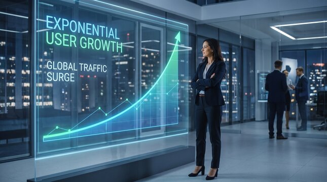 Business Growth Strategy: A confident businesswoman stands before a large digital display showcasing a rising graph symbolizing exponential user growth and global traffic surge.