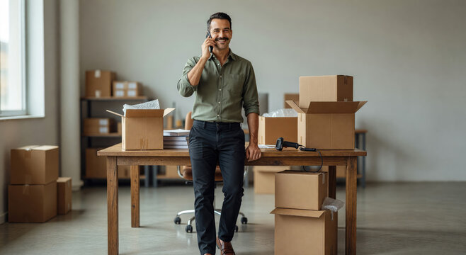 Man business owner talking on mobile phone in warehouse. Small company manager preparing parcel box for delivery. Logistics worker organizing shipment in store for online sale order processing.