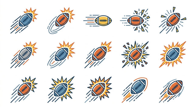 Collection of American Footballs in Motion with Speed Lines and Explosions.