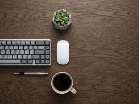 Ergonomic Minimalist Workspace Flatlay with Mechanical Keyboard and Coffee Cup