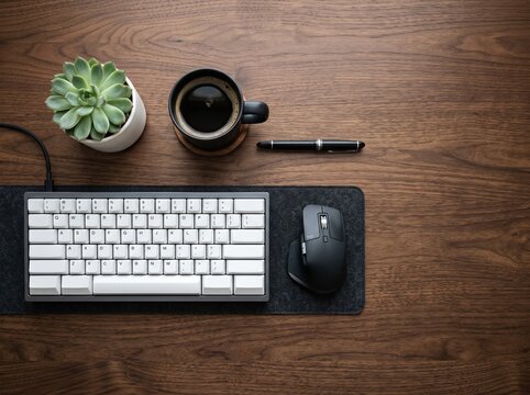 Ergonomic Minimalist Workspace Flatlay with Mechanical Keyboard and Coffee Cup