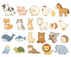 Obraz premium Cute hand drawn watercolor style animal icon collection