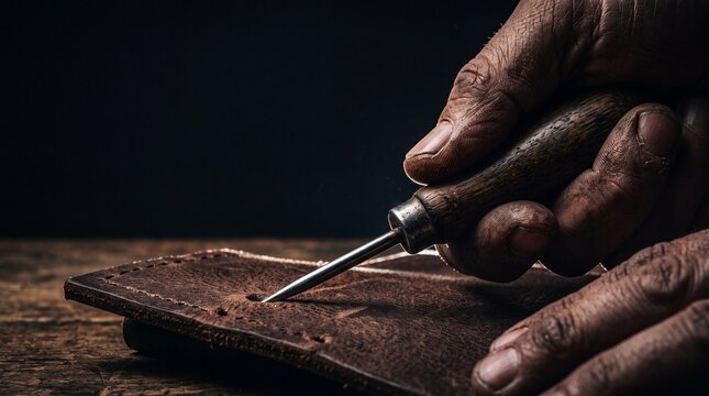Craftsman using sharp awl to pierce hole in thick brown leather piece on rustic wooden workbench for handmade artisanal product.
