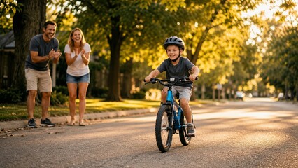 Fototapeta premium Child confidently riding a bicycle for the first time while parents cheer nearby on a quiet tree-lined street, golden hour, authentic happiness, lifestyle