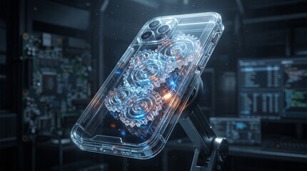 Fototapeta premium Gears Inside a Transparent Phone Case: A close-up shot showcases a transparent phone case with intricate gears and mechanisms visible inside, suggesting advanced technology and engineering.