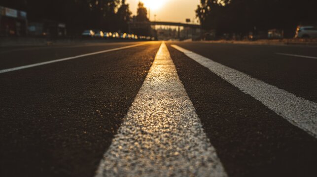 fresh white road markings on dark asphalt, geometric traffic lines, dramatic perspective, golden hour sunlight, ultra detailed pavement texture