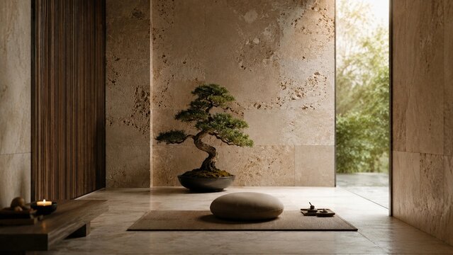 Minimal meditation room featuring natural limestone walls, indoor bonsai, diffused daylight and calming atmosphere, premium interior wellness