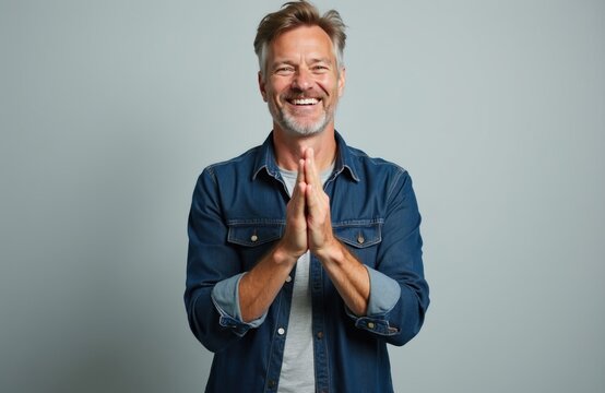Mature man with grey hair smiles and clasps hands together. He wears a denim shirt and grey t-shirt. Man shows gratitude or makes a wish. Studio background.