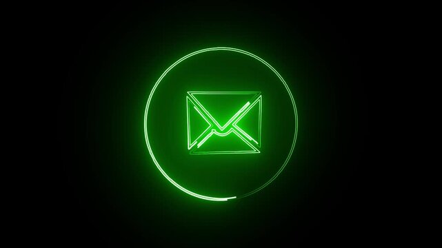 Abstract Neon Email Icon Animation with Circular Glow and Expanding Motion on Black Background