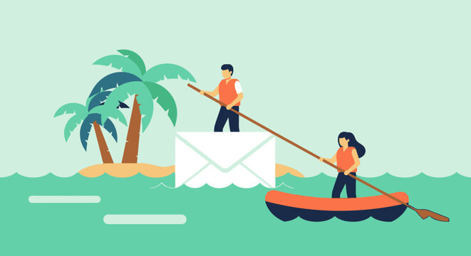 Two people rowing a boat toward a floating envelope island.