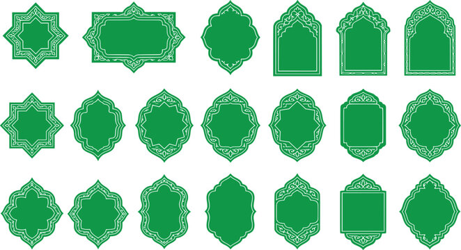 Collection of green decorative Islamic frames and borders with intricate patterns on white background