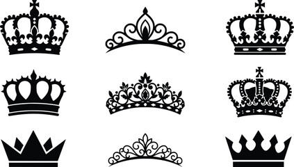 Collection of nine ornate crowns and tiaras with varying designs on a white background representing royalty and luxury © Creative Wings