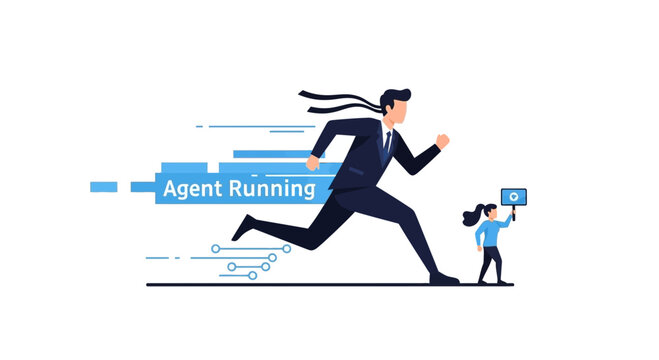 Businessman running with briefcase and camera crew following.