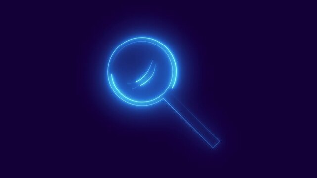 Blue glowing magnifying glass icon on a dark purple background, showing search, zoom, finding information, online browsing, and modern digital technology.