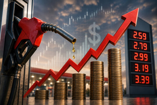 Rising Gas Prices with Fuel Nozzle, Coins and Upward Financial Arrow