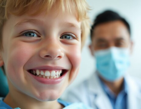 Young boy smiles showing perfect white teeth during dental checkup. A masked dentist stands blurred in the background. Focus is on childs happy healthy smile. Positive dental visit experience.