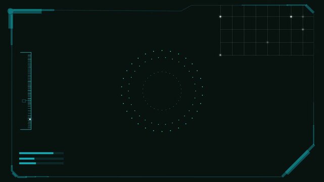 Dark futuristic screen interface with blue glowing lines, grid panel, ruler marks and circular dots on a black background, ideal for technology, gaming or sci fi design use