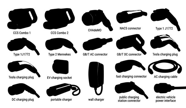 Electric vehicle charging connector types vector with CCS CHAdeMO Type 2 and NACS plugs