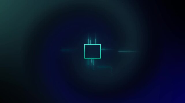 Dark abstract background with a glowing blue square in the center, soft light rings and subtle neon lines, creating a modern tech mood with lots of copy space.