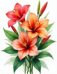 Obraz premium Watercolor illustration of hibiscus flowers and buds. Features red orange and pink blooms with green leaves and stems. Delicate floral art for decoration.