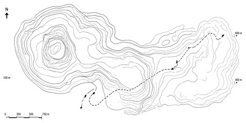 Complex topographic contour map of geographical terrain with topography landscape elevation geography cartography physical analysis technical geometry coordinate projection planning © MOHAMAD